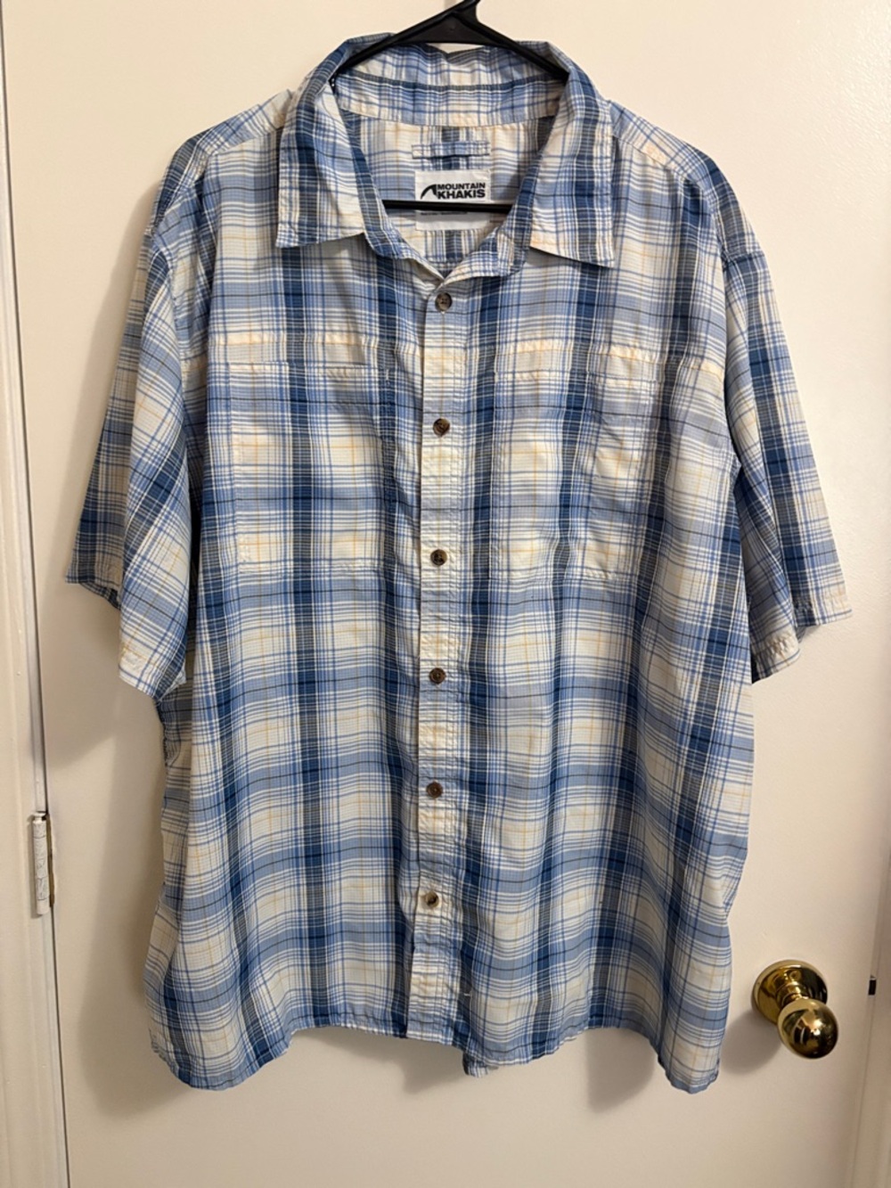 Mountain Khakis Short-Sleeve Blue and Cream Plaid Button-Down Shirt